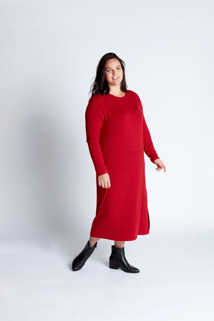 Column Knit Sweater Dress in Crimson Red