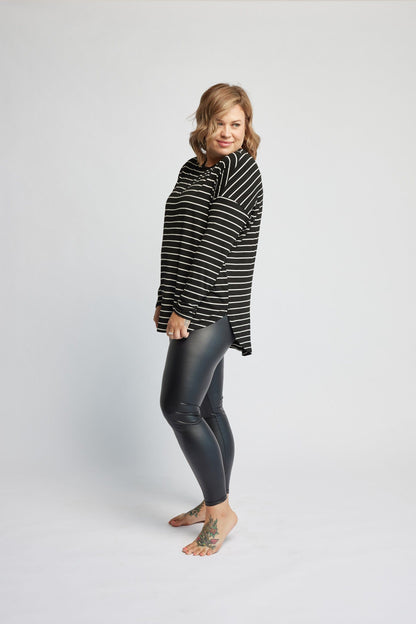 Bamboo Relaxed Long Sleeve in B&amp;W Stripes