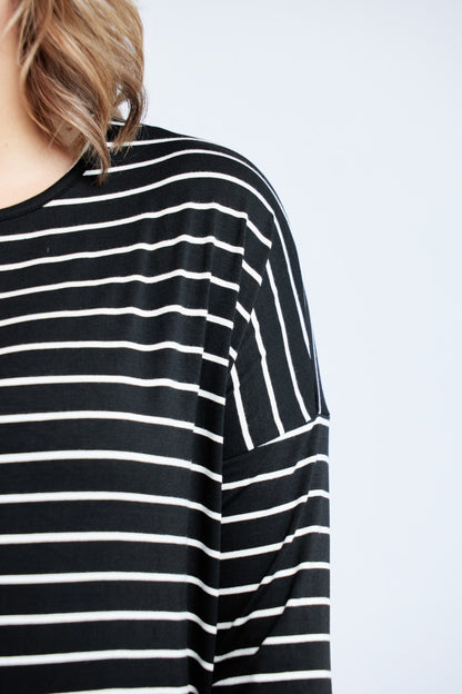 Bamboo Relaxed Long Sleeve in B&amp;W Stripes