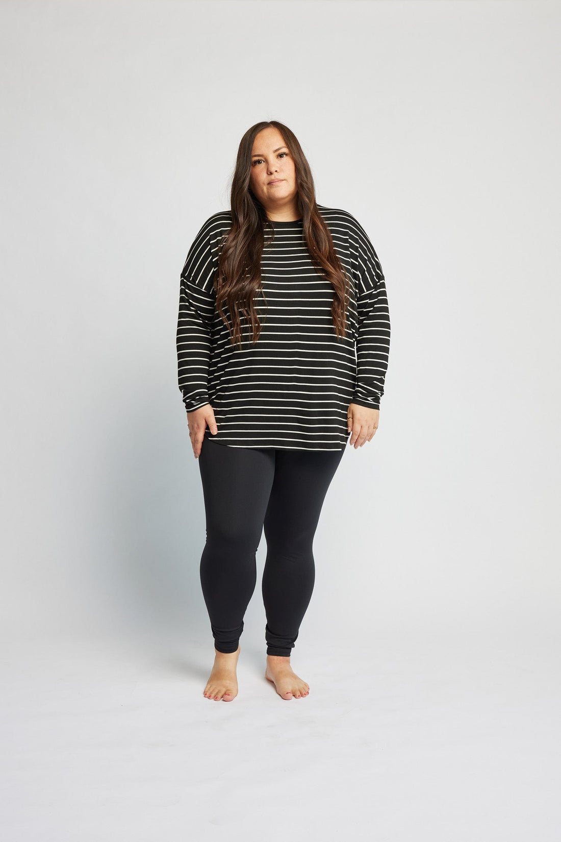 Bamboo Relaxed Long Sleeve in B&amp;W Stripes