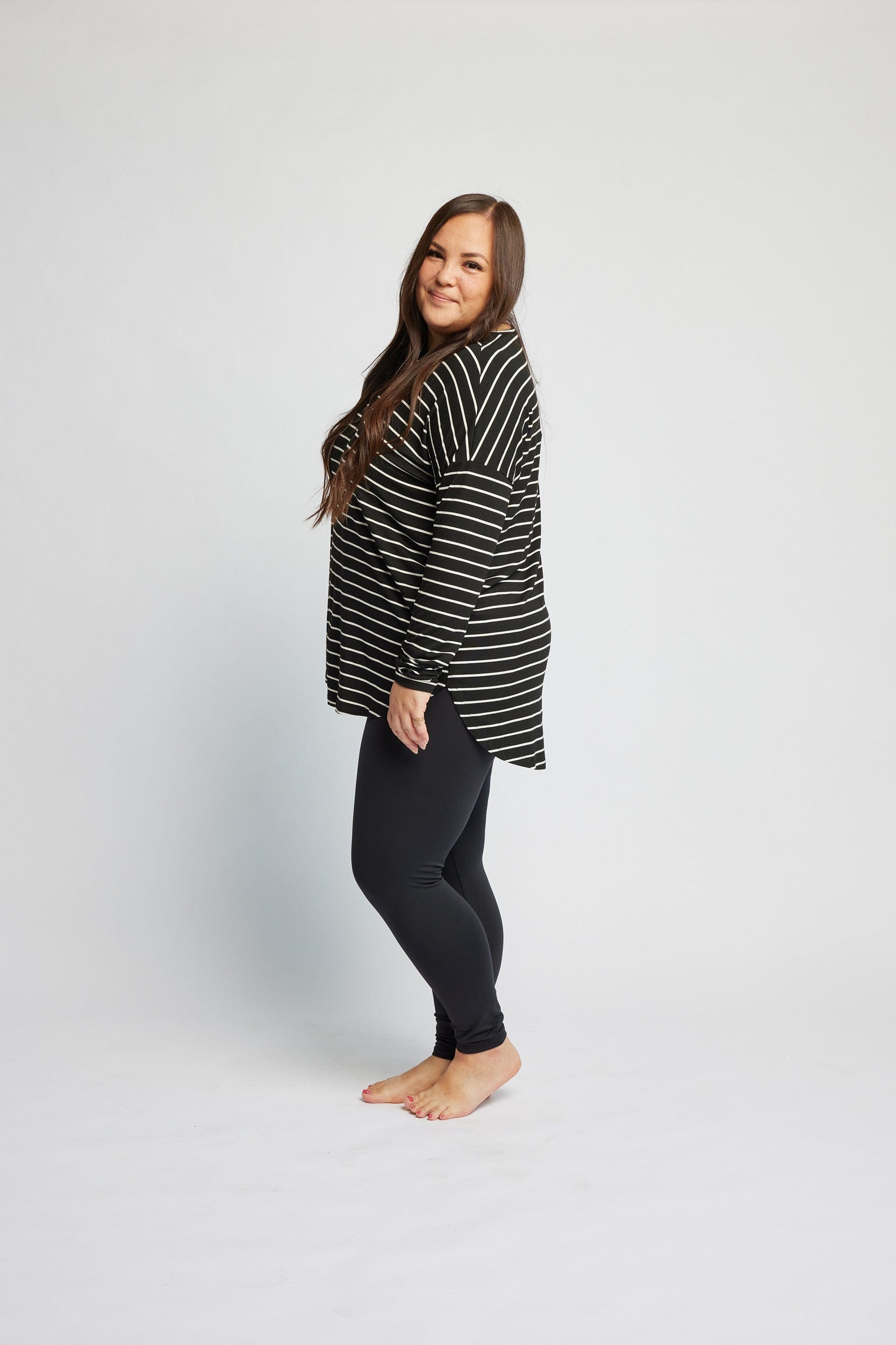 Bamboo Relaxed Long Sleeve in B&amp;W Stripes