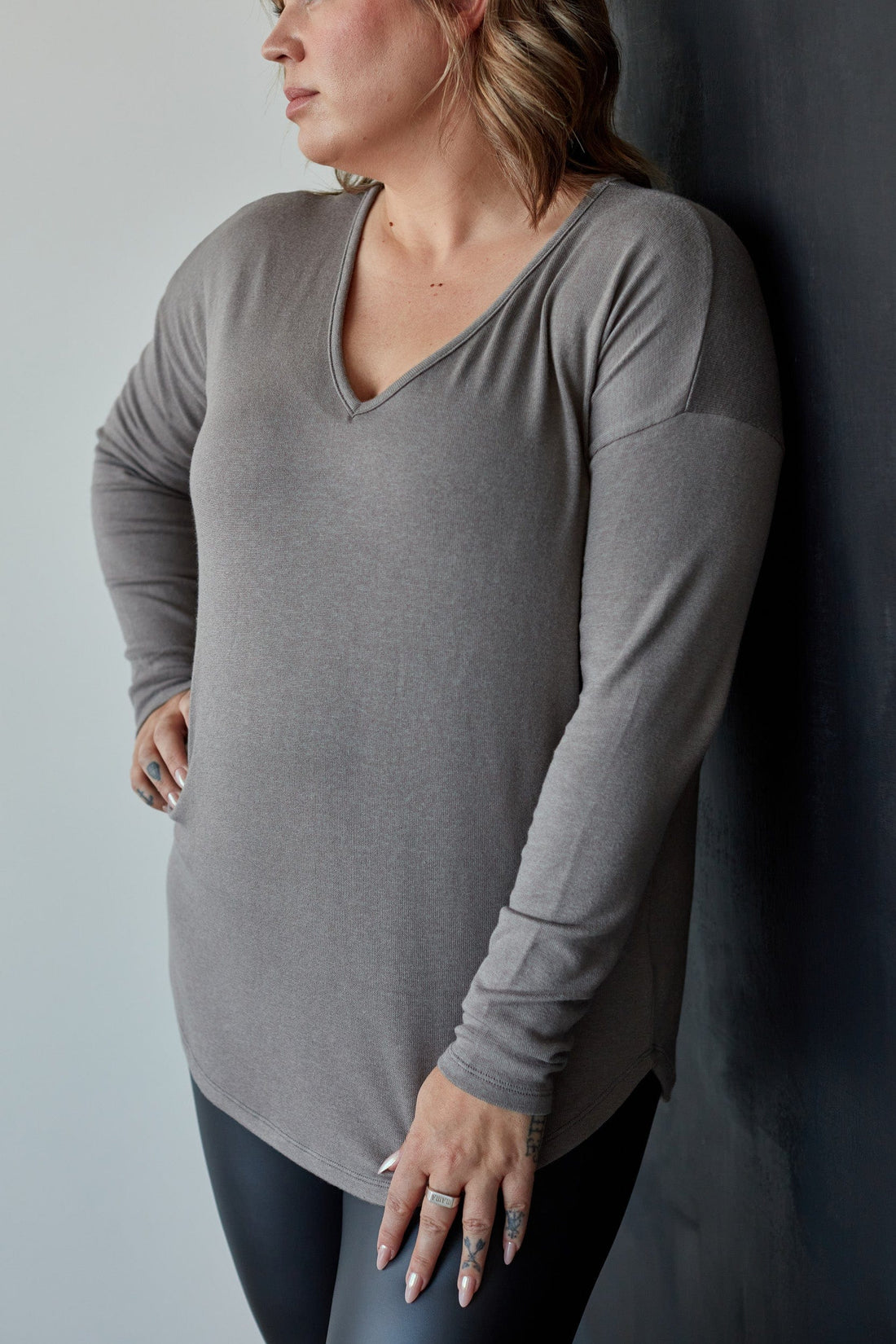 Knit V-Neck Sweater in Steel