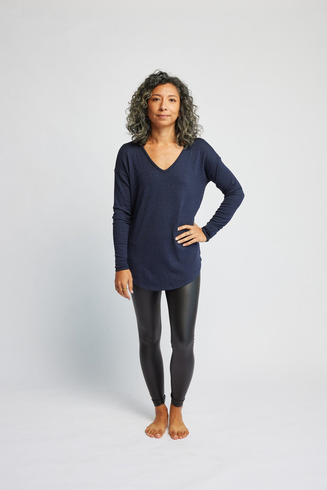 Knit V-Neck Sweater in Navy