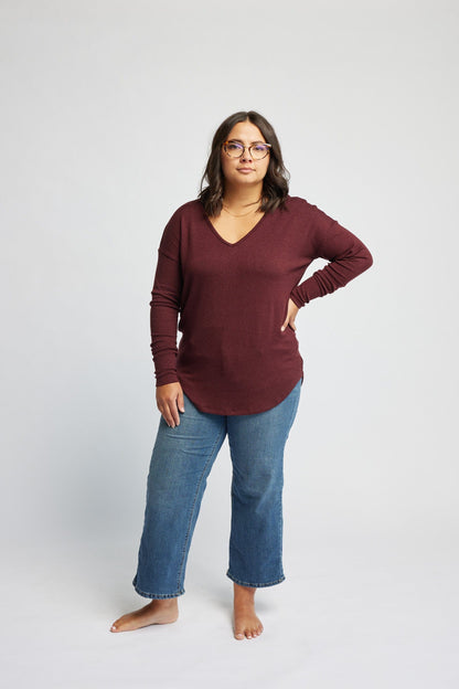 Knit V-Neck Sweater in Garnet